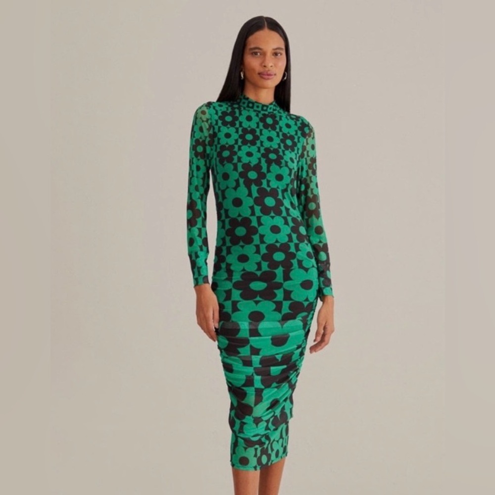 FARM Rio Green and Black Floral Long Sleeve Dress